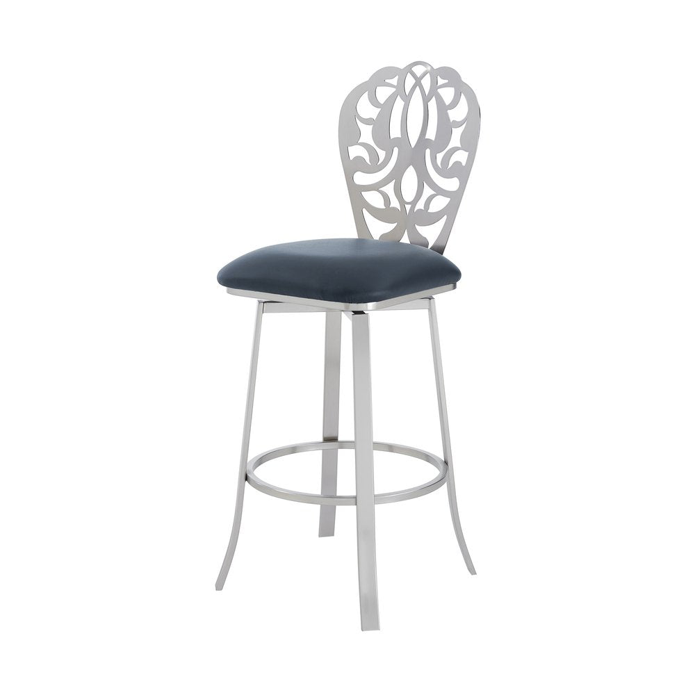 30" Gray And Silver Fabric And Iron Bar Height Swivel Bar Chair HomeRoots