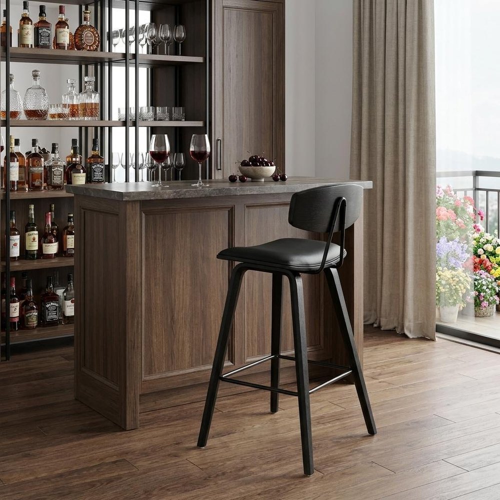 29" Black Faux Leather And Iron Low Back Bar Height Bar Chair HomeRoots