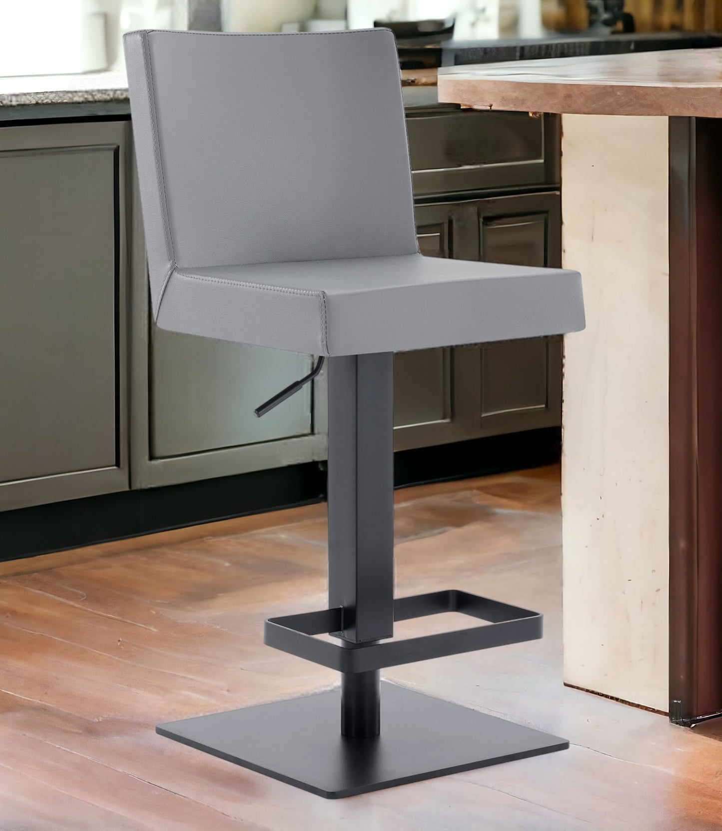 24" Gray And Black Faux Leather And Iron Swivel Adjustable Height Bar Chair