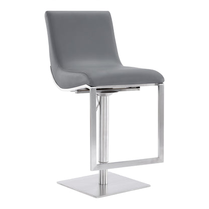 26" Gray And Silver Faux Leather And Iron Swivel Adjustable Height Bar Chair