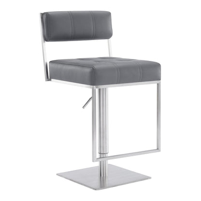 Gray And Silver Faux Leather And Faux Leather And Iron Low Back Adjustable Height Swivel Bar Chair HomeRoots