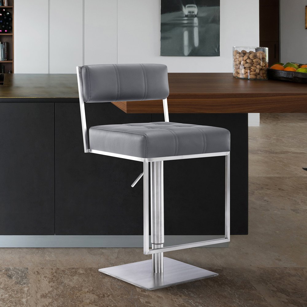 Gray And Silver Faux Leather And Faux Leather And Iron Low Back Adjustable Height Swivel Bar Chair HomeRoots