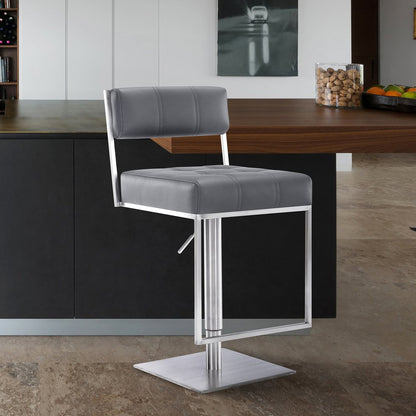 Gray And Silver Faux Leather And Faux Leather And Iron Low Back Adjustable Height Swivel Bar Chair HomeRoots