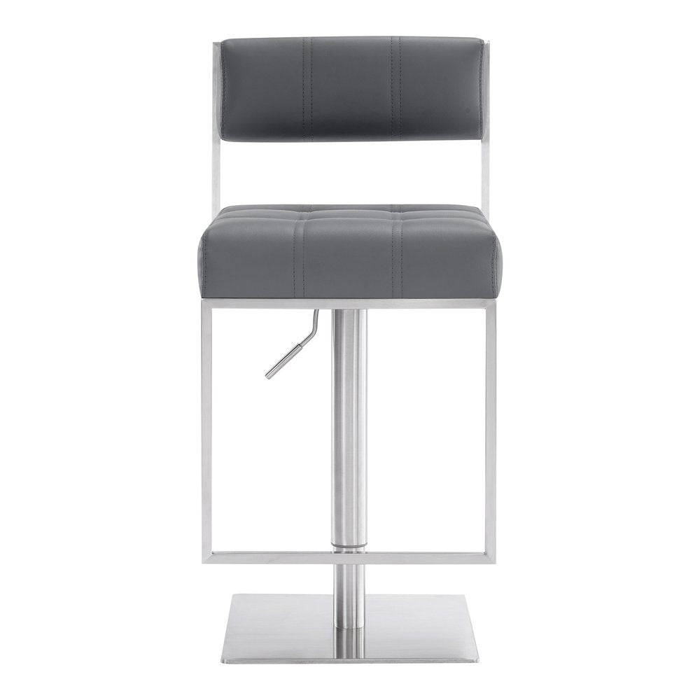 Gray And Silver Faux Leather And Faux Leather And Iron Low Back Adjustable Height Swivel Bar Chair HomeRoots