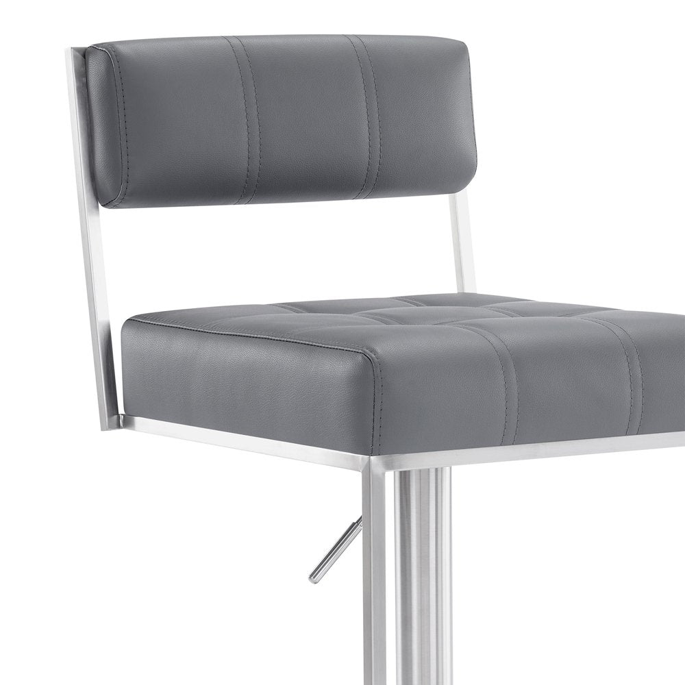 Gray And Silver Faux Leather And Faux Leather And Iron Low Back Adjustable Height Swivel Bar Chair HomeRoots