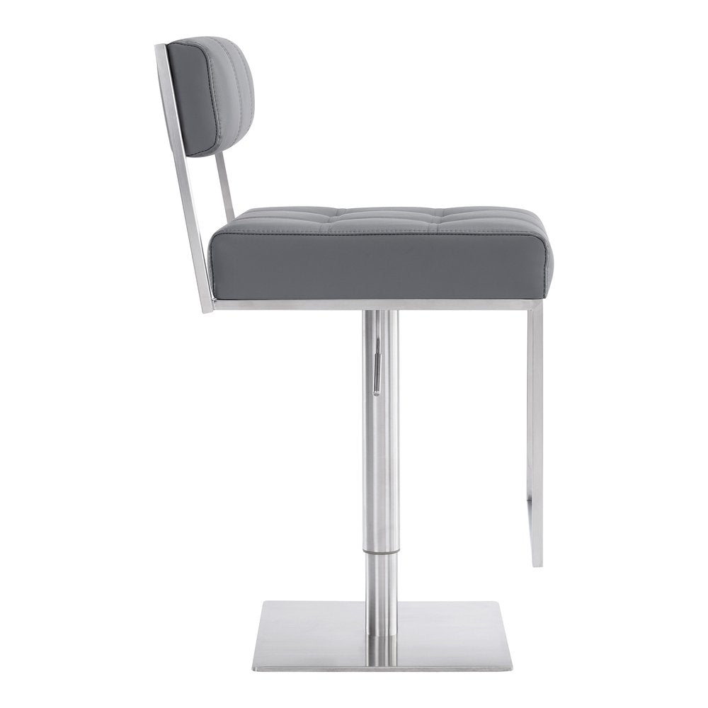 Gray And Silver Faux Leather And Faux Leather And Iron Low Back Adjustable Height Swivel Bar Chair HomeRoots