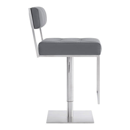 Gray And Silver Faux Leather And Faux Leather And Iron Low Back Adjustable Height Swivel Bar Chair HomeRoots