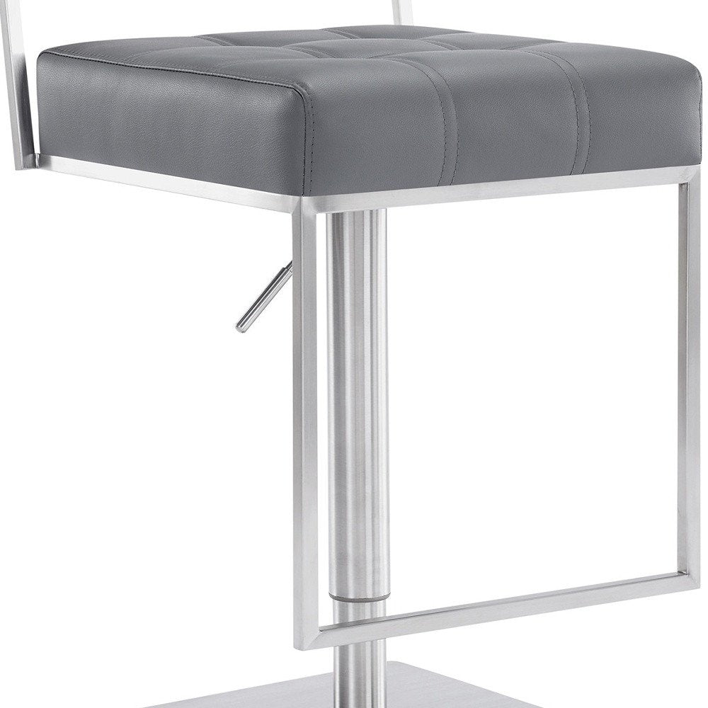 Gray And Silver Faux Leather And Faux Leather And Iron Low Back Adjustable Height Swivel Bar Chair HomeRoots