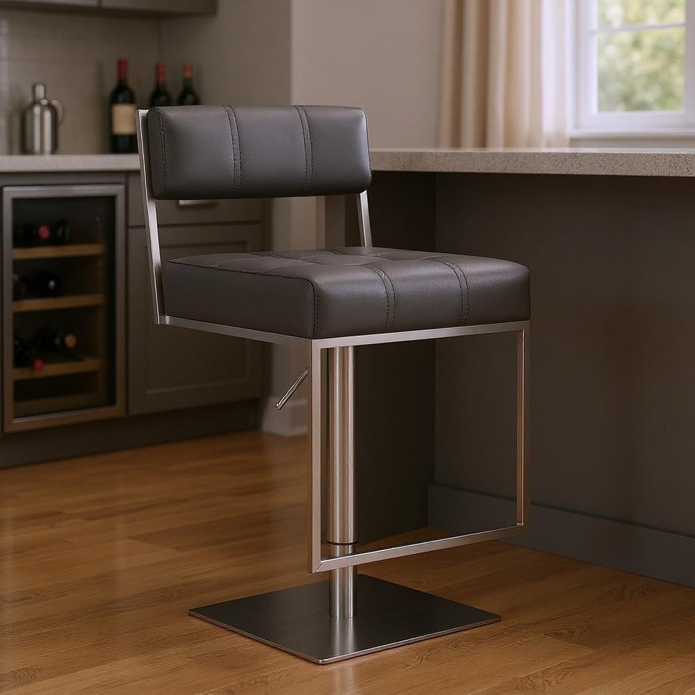 Gray And Silver Faux Leather And Faux Leather And Iron Low Back Adjustable Height Swivel Bar Chair HomeRoots