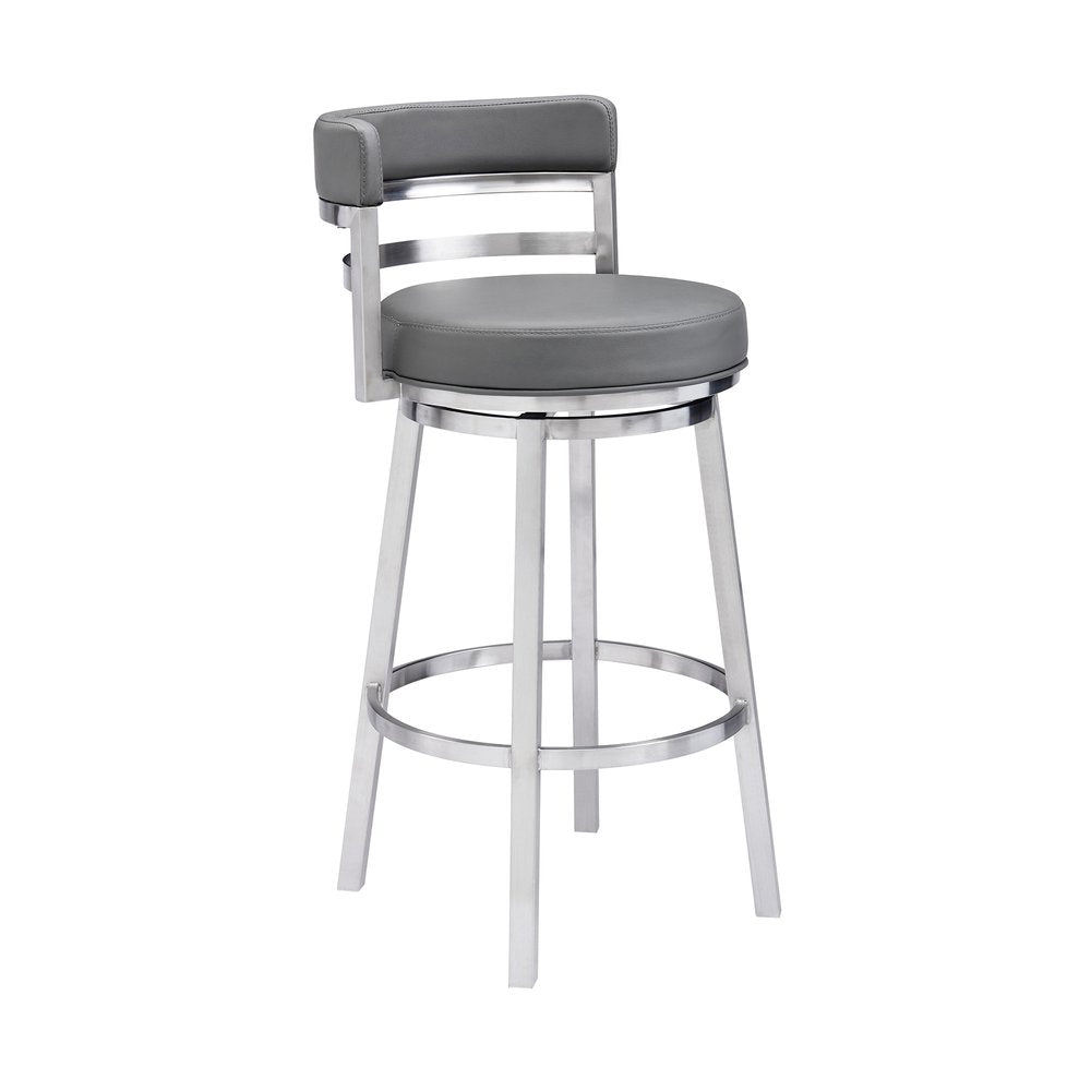 26" Gray And Silver Faux Leather And Faux Leather And Iron Low Back Counter Height Swivel Bar Chair HomeRoots