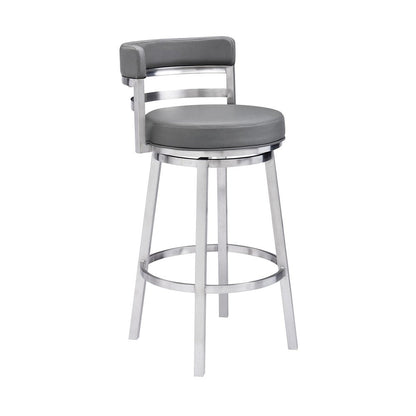 26" Gray And Silver Faux Leather And Faux Leather And Iron Low Back Counter Height Swivel Bar Chair HomeRoots