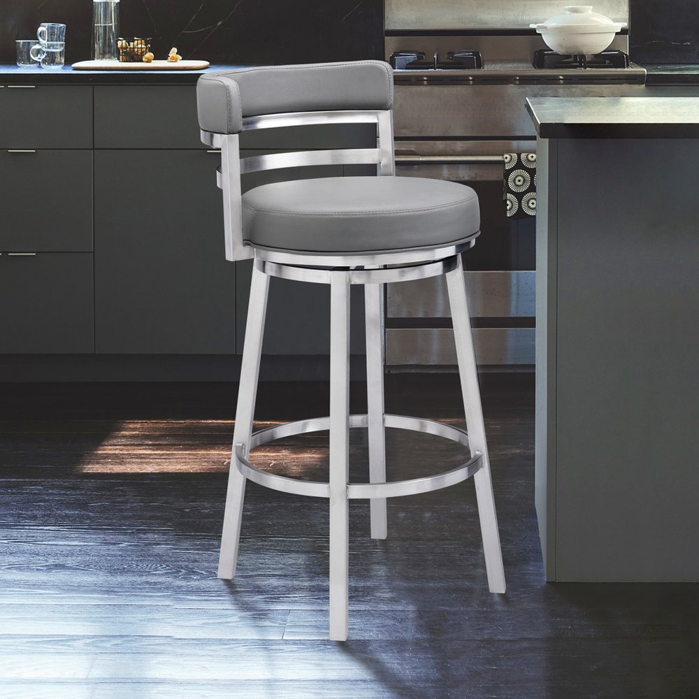 26" Gray And Silver Faux Leather And Faux Leather And Iron Low Back Counter Height Swivel Bar Chair HomeRoots