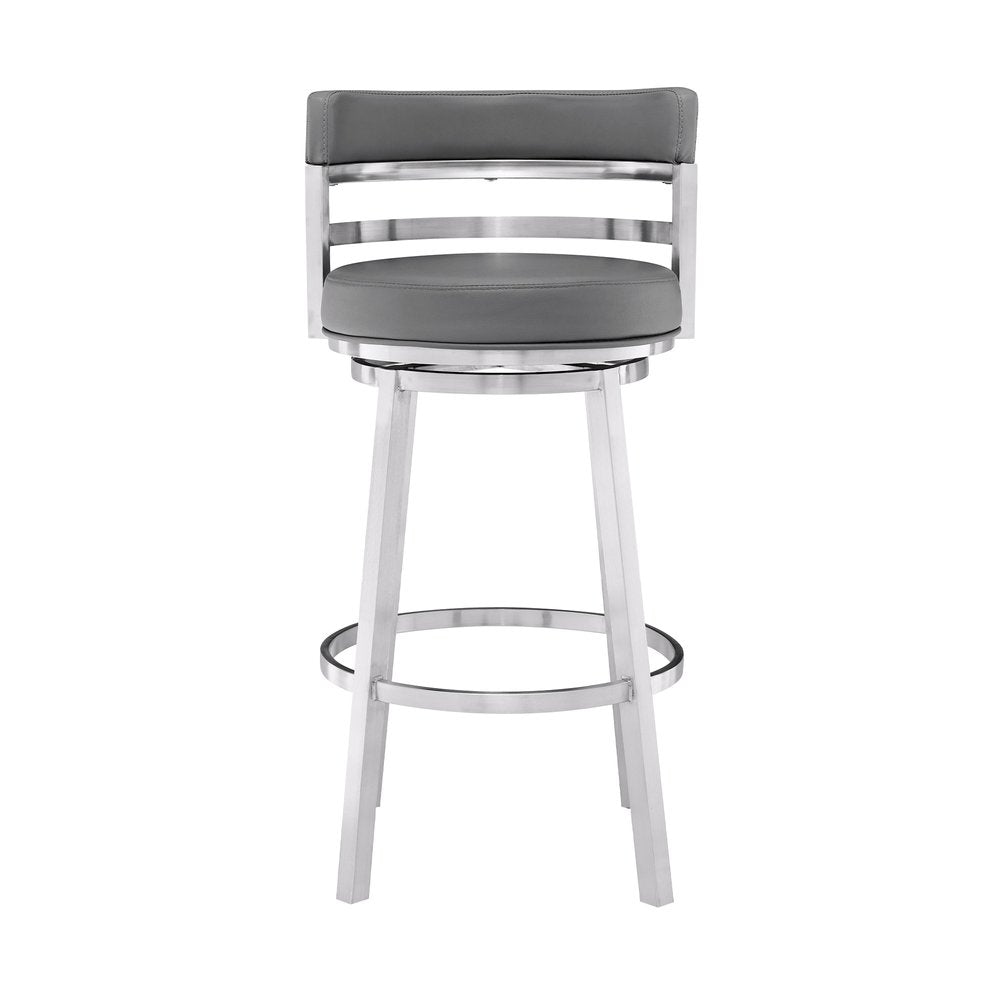 26" Gray And Silver Faux Leather And Faux Leather And Iron Low Back Counter Height Swivel Bar Chair HomeRoots