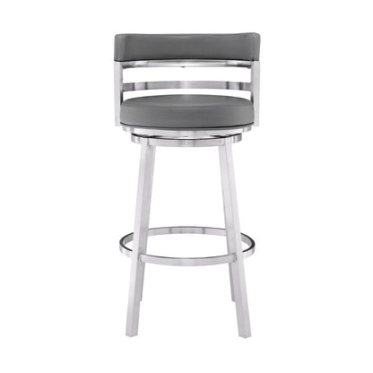26" Gray And Silver Faux Leather And Faux Leather And Iron Low Back Counter Height Swivel Bar Chair HomeRoots