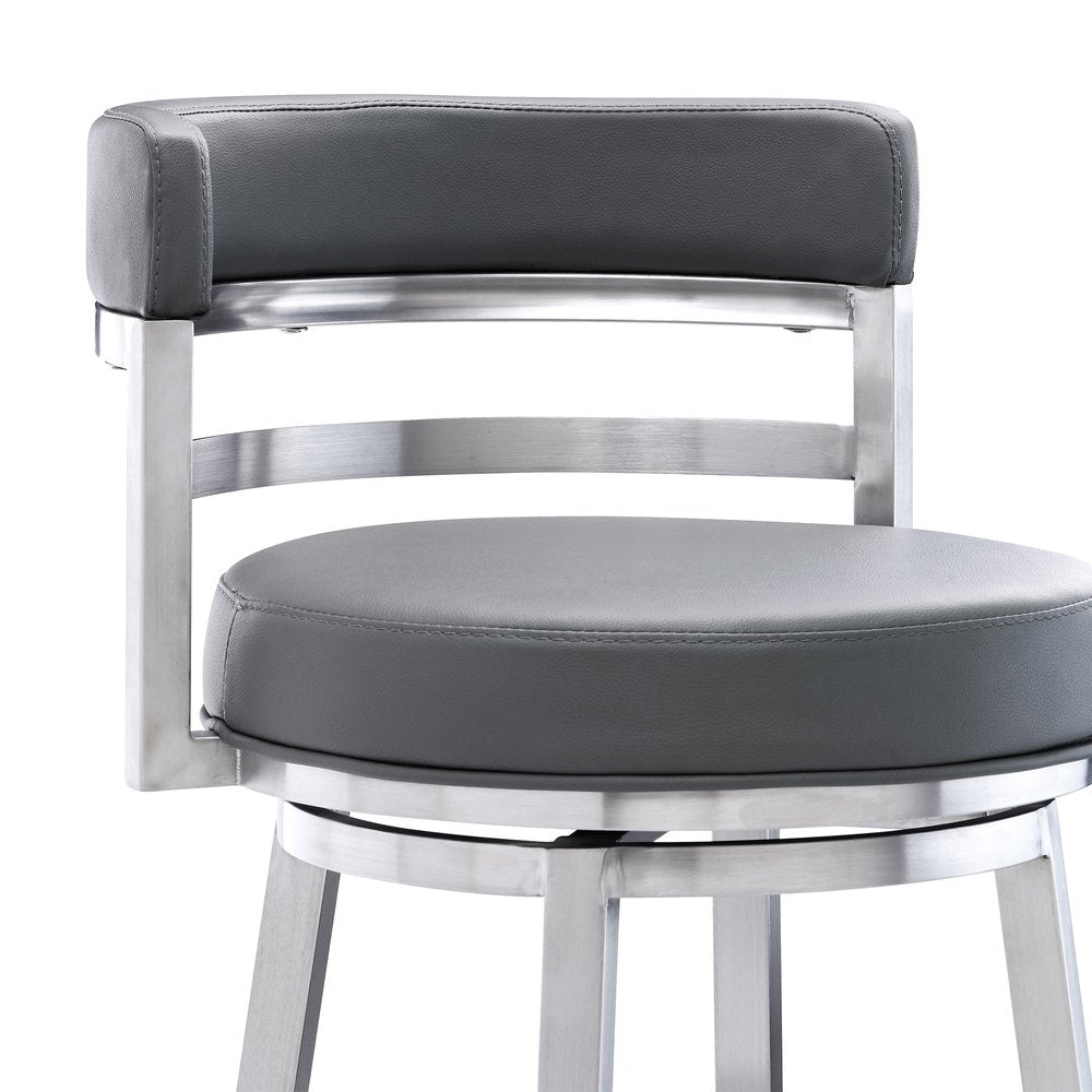 26" Gray And Silver Faux Leather And Faux Leather And Iron Low Back Counter Height Swivel Bar Chair HomeRoots