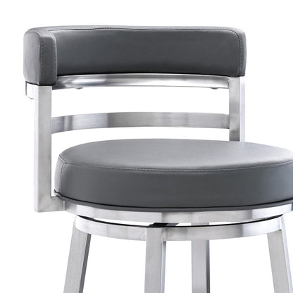 26" Gray And Silver Faux Leather And Faux Leather And Iron Low Back Counter Height Swivel Bar Chair HomeRoots