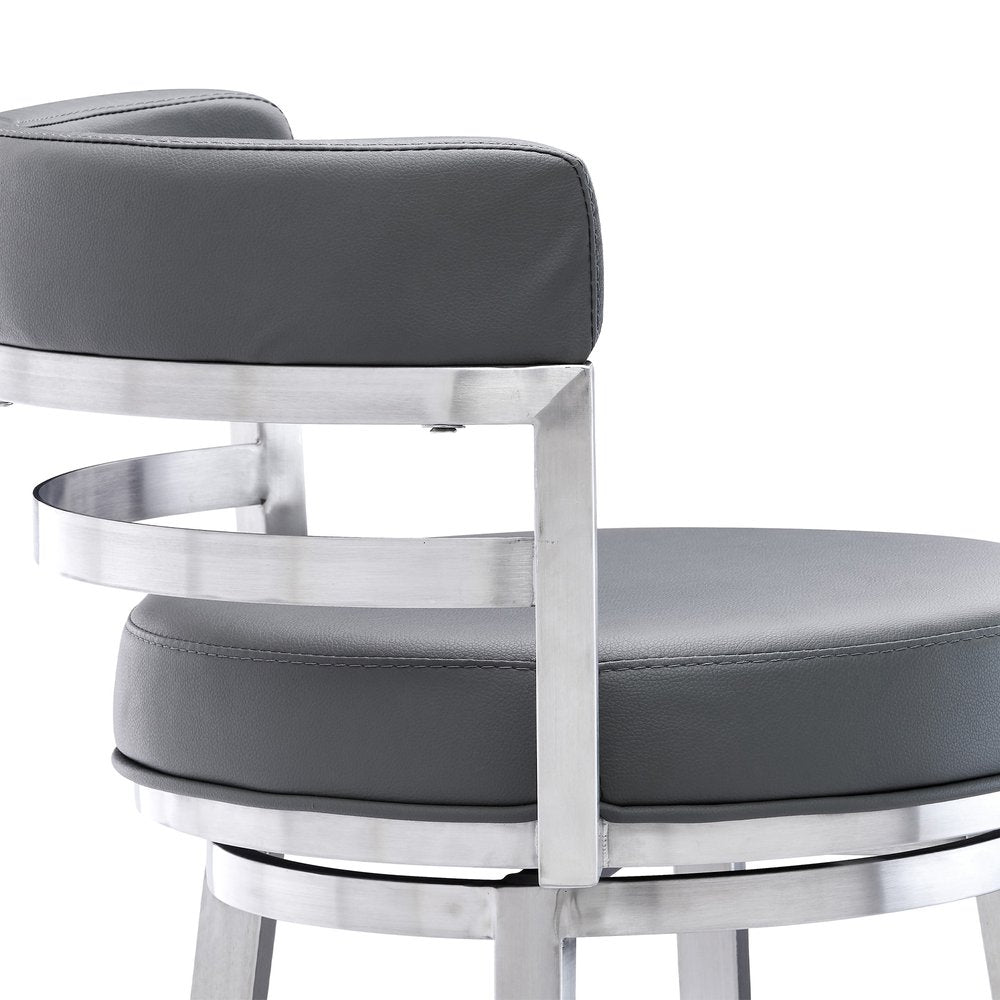 26" Gray And Silver Faux Leather And Faux Leather And Iron Low Back Counter Height Swivel Bar Chair HomeRoots