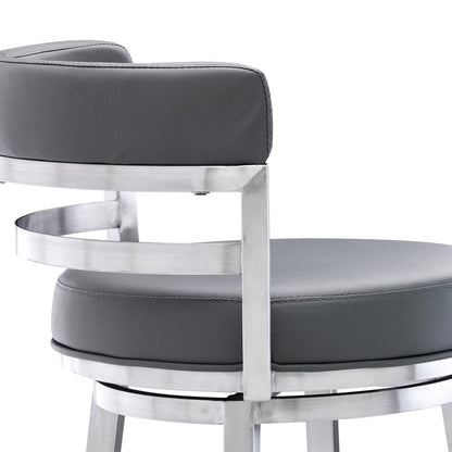 26" Gray And Silver Faux Leather And Faux Leather And Iron Low Back Counter Height Swivel Bar Chair HomeRoots