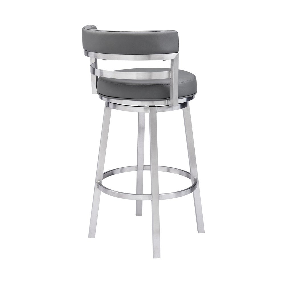 26" Gray And Silver Faux Leather And Faux Leather And Iron Low Back Counter Height Swivel Bar Chair HomeRoots