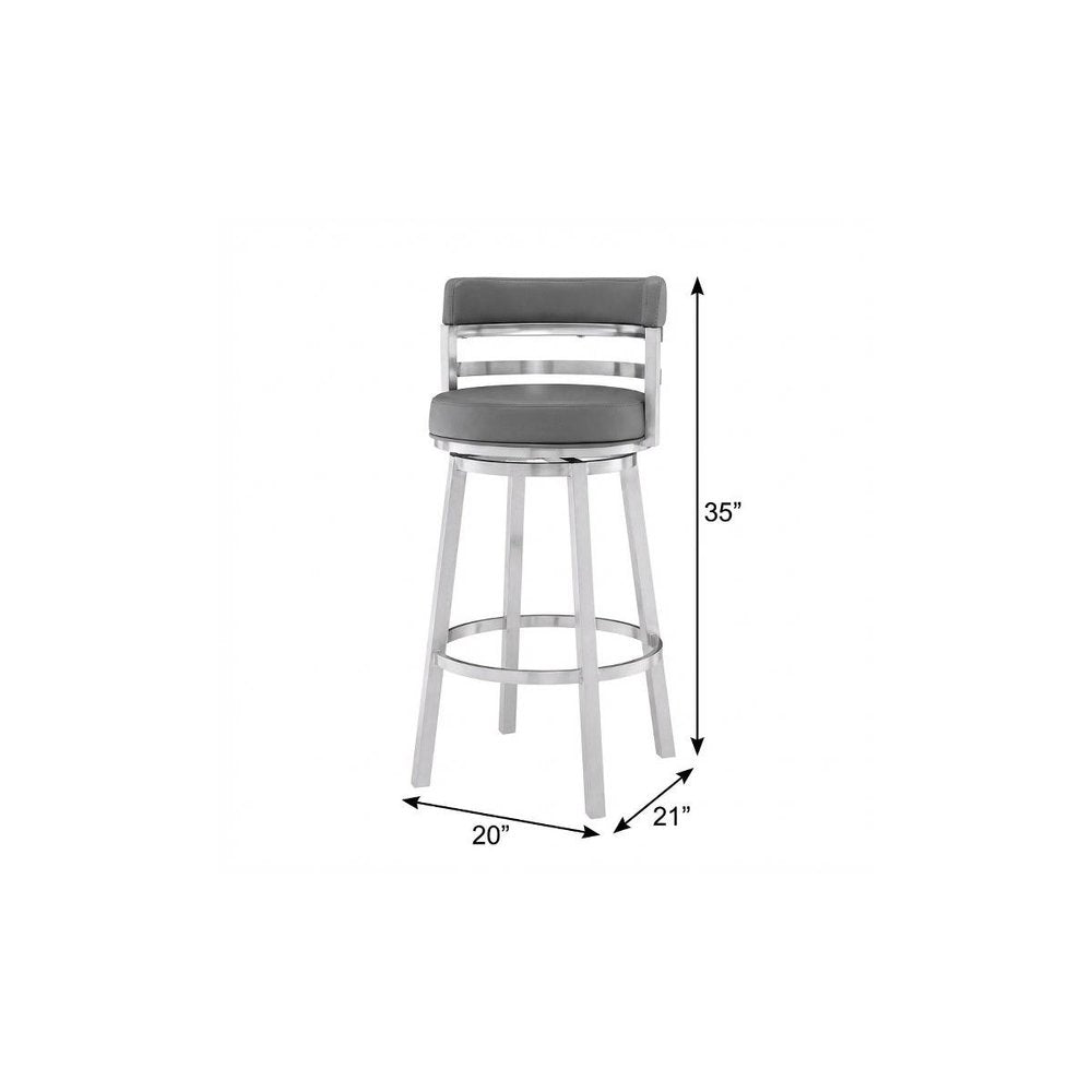 26" Gray And Silver Faux Leather And Faux Leather And Iron Low Back Counter Height Swivel Bar Chair HomeRoots