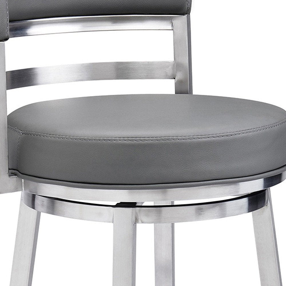 26" Gray And Silver Faux Leather And Faux Leather And Iron Low Back Counter Height Swivel Bar Chair HomeRoots