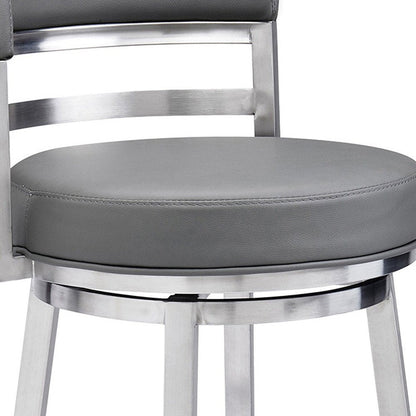 26" Gray And Silver Faux Leather And Faux Leather And Iron Low Back Counter Height Swivel Bar Chair HomeRoots