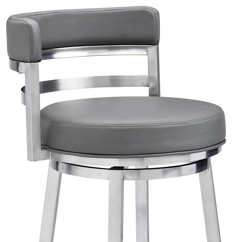 26" Gray And Silver Faux Leather And Faux Leather And Iron Low Back Counter Height Swivel Bar Chair HomeRoots