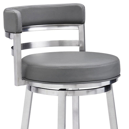 26" Gray And Silver Faux Leather And Faux Leather And Iron Low Back Counter Height Swivel Bar Chair HomeRoots