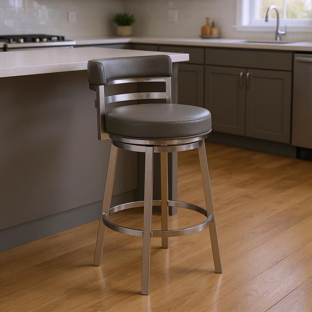 26" Gray And Silver Faux Leather And Faux Leather And Iron Low Back Counter Height Swivel Bar Chair HomeRoots