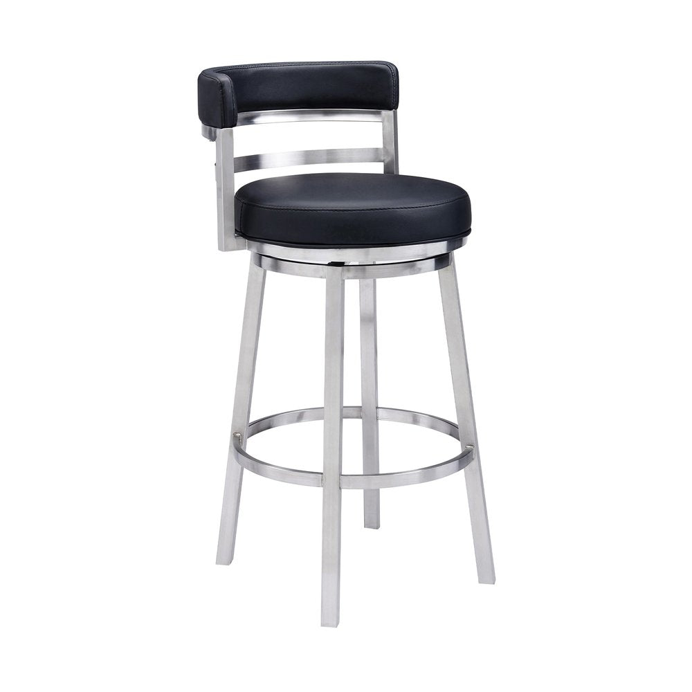 30" Black And Silver Faux Leather And Iron Low Back Bar Height Swivel Bar Chair HomeRoots