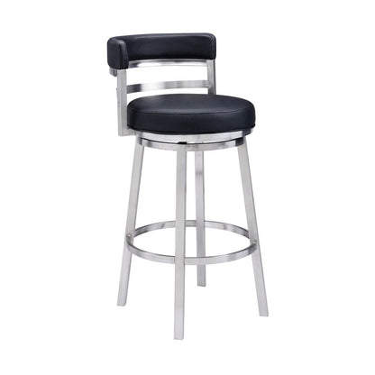 30" Black And Silver Faux Leather And Iron Low Back Bar Height Swivel Bar Chair HomeRoots