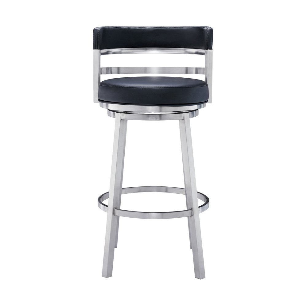 30" Black And Silver Faux Leather And Iron Low Back Bar Height Swivel Bar Chair HomeRoots