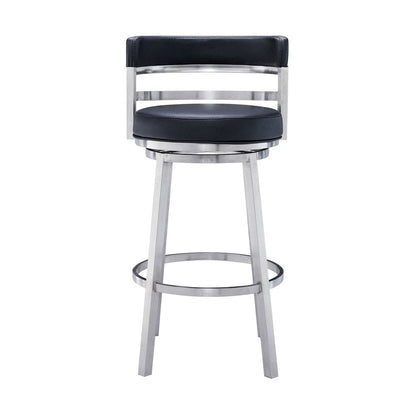 30" Black And Silver Faux Leather And Iron Low Back Bar Height Swivel Bar Chair HomeRoots
