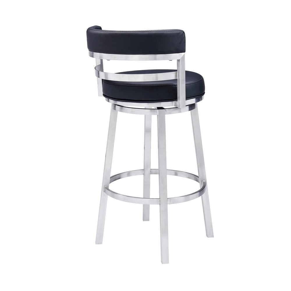 30" Black And Silver Faux Leather And Iron Low Back Bar Height Swivel Bar Chair HomeRoots