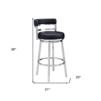 30" Black And Silver Faux Leather And Iron Low Back Bar Height Swivel Bar Chair HomeRoots