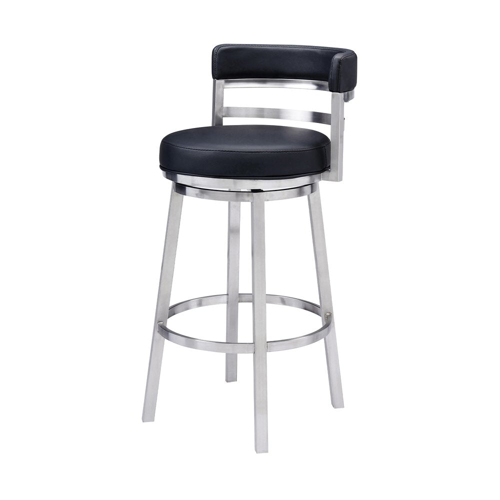 30" Black And Silver Faux Leather And Iron Low Back Bar Height Swivel Bar Chair HomeRoots