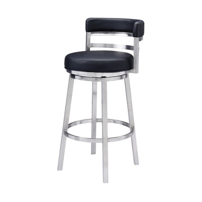 30" Black And Silver Faux Leather And Iron Low Back Bar Height Swivel Bar Chair HomeRoots
