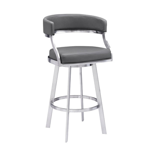 30" Gray And Silver Faux Leather And Faux Leather And Iron Low Back Bar Height Swivel Bar Chair HomeRoots