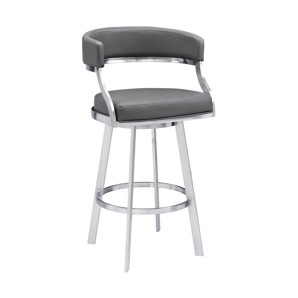 30" Gray And Silver Faux Leather And Faux Leather And Iron Low Back Bar Height Swivel Bar Chair HomeRoots