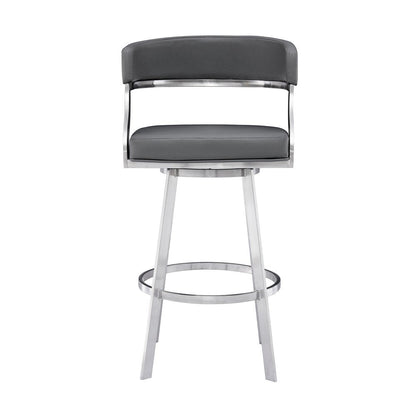 30" Gray And Silver Faux Leather And Faux Leather And Iron Low Back Bar Height Swivel Bar Chair HomeRoots