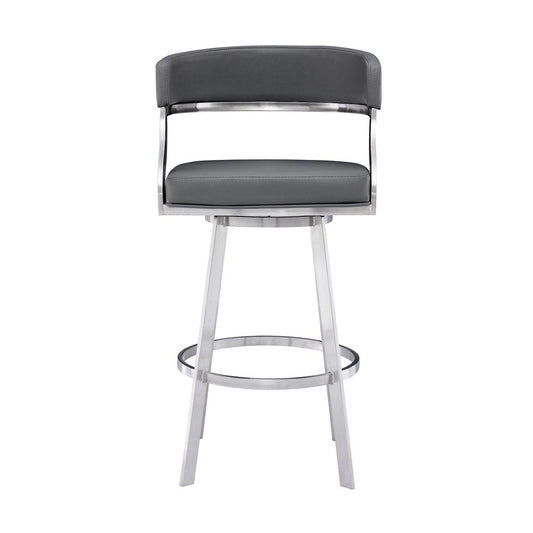 30" Gray And Silver Faux Leather And Faux Leather And Iron Low Back Bar Height Swivel Bar Chair HomeRoots