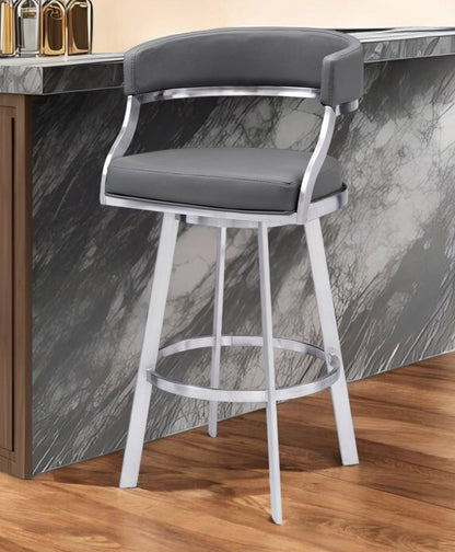 30" Gray and Silver Faux Leather and Iron Low Back Bar Height Swivel Bar Chair HomeRoots