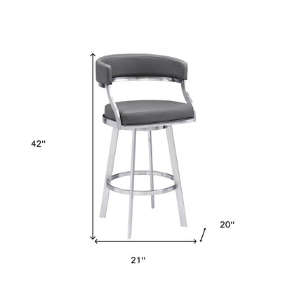 30" Gray And Silver Faux Leather And Faux Leather And Iron Low Back Bar Height Swivel Bar Chair HomeRoots