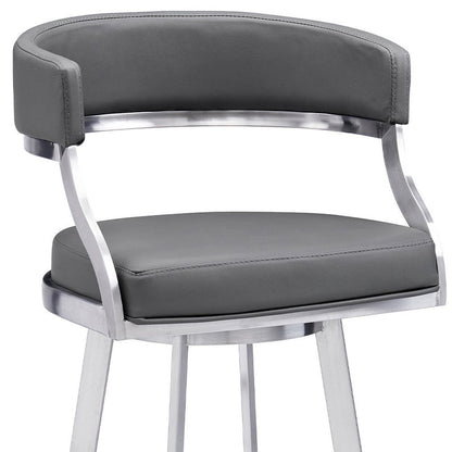30" Gray and Silver Faux Leather and Iron Low Back Bar Height Swivel Bar Chair