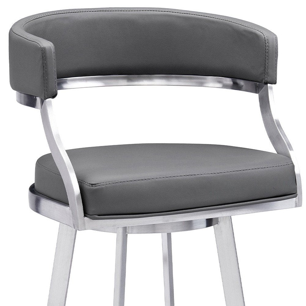 30" Gray And Silver Faux Leather And Faux Leather And Iron Low Back Bar Height Swivel Bar Chair HomeRoots