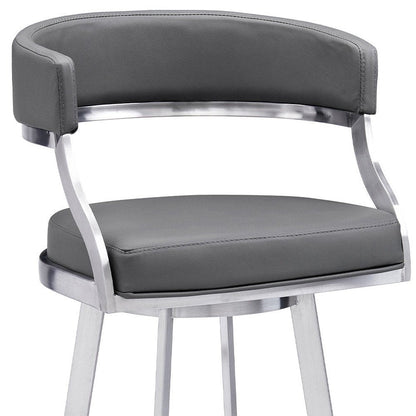 30" Gray And Silver Faux Leather And Faux Leather And Iron Low Back Bar Height Swivel Bar Chair HomeRoots