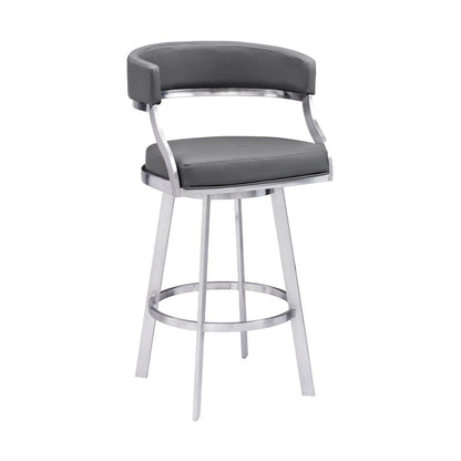 26" Gray And Silver Faux Leather And Faux Leather And Iron Low Back Counter Height Swivel Bar Chair HomeRoots