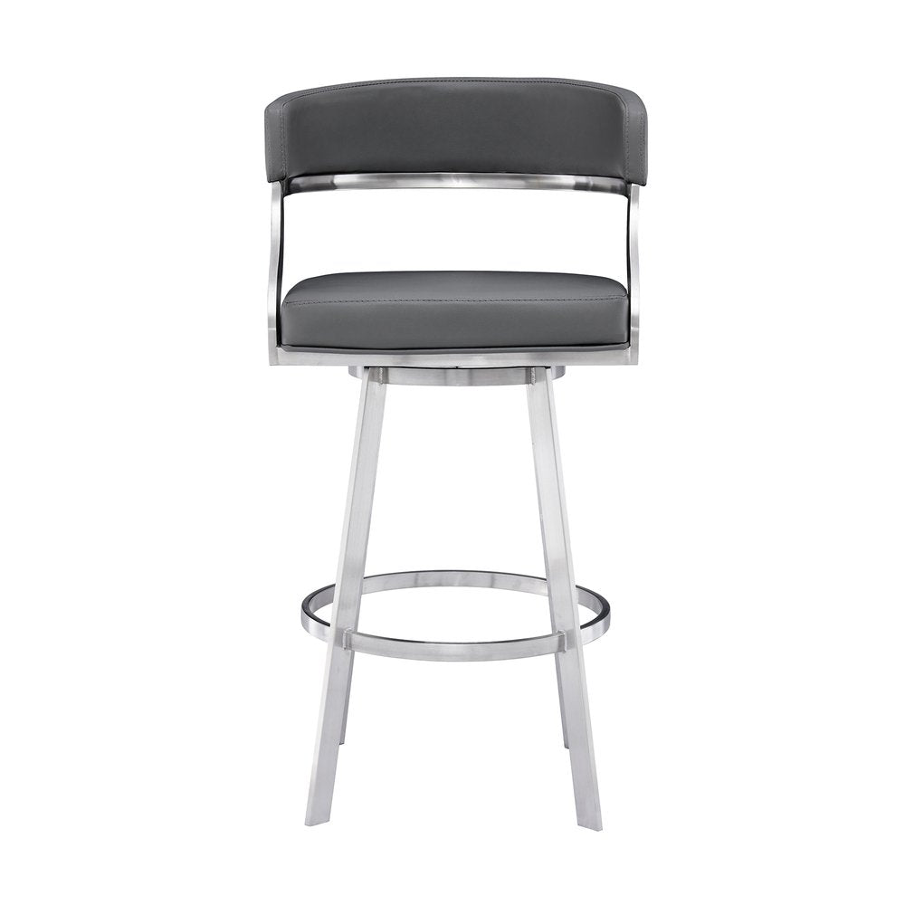 26" Gray And Silver Faux Leather And Faux Leather And Iron Low Back Counter Height Swivel Bar Chair HomeRoots