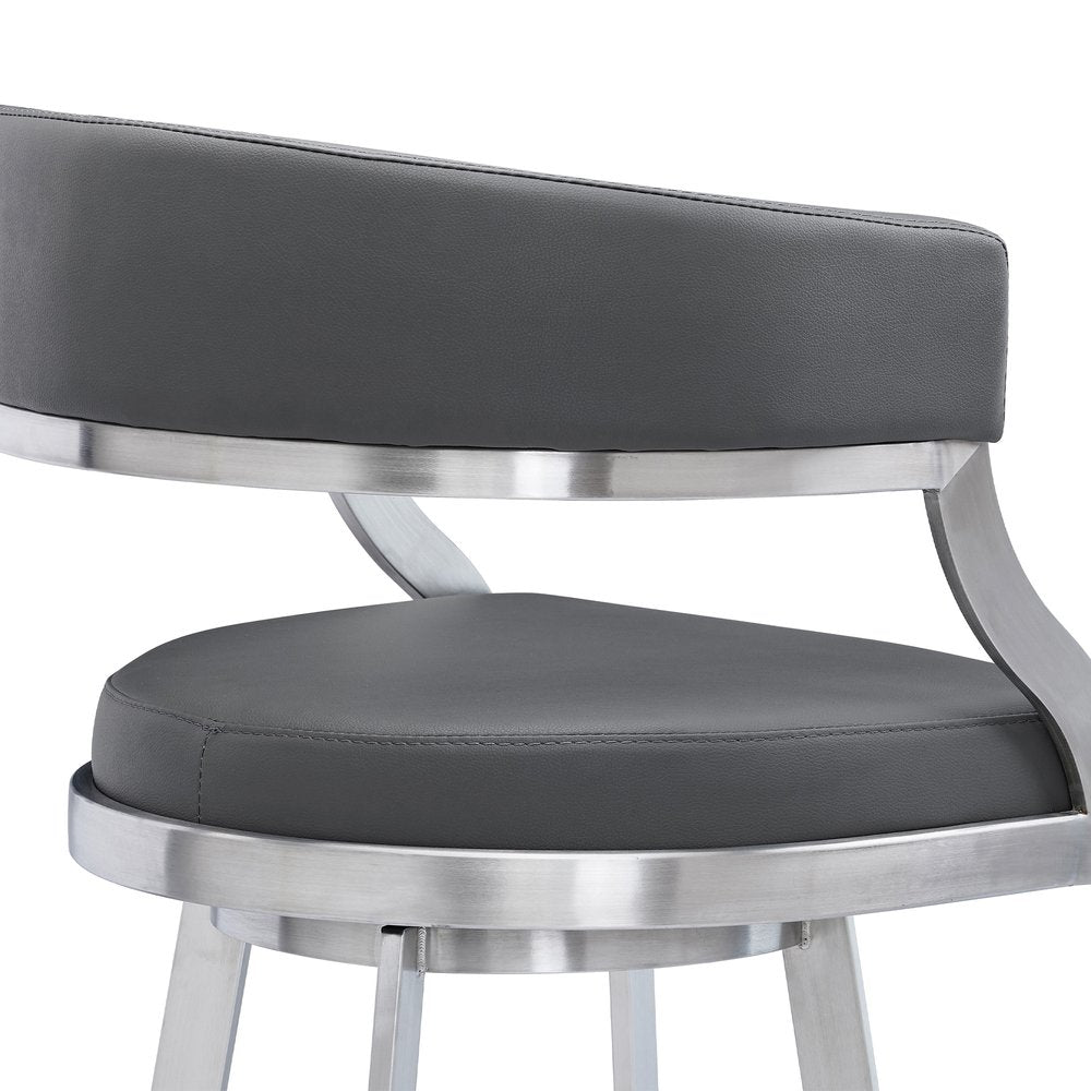26" Gray And Silver Faux Leather And Faux Leather And Iron Low Back Counter Height Swivel Bar Chair HomeRoots
