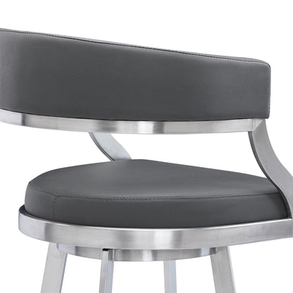 26" Gray And Silver Faux Leather And Faux Leather And Iron Low Back Counter Height Swivel Bar Chair HomeRoots
